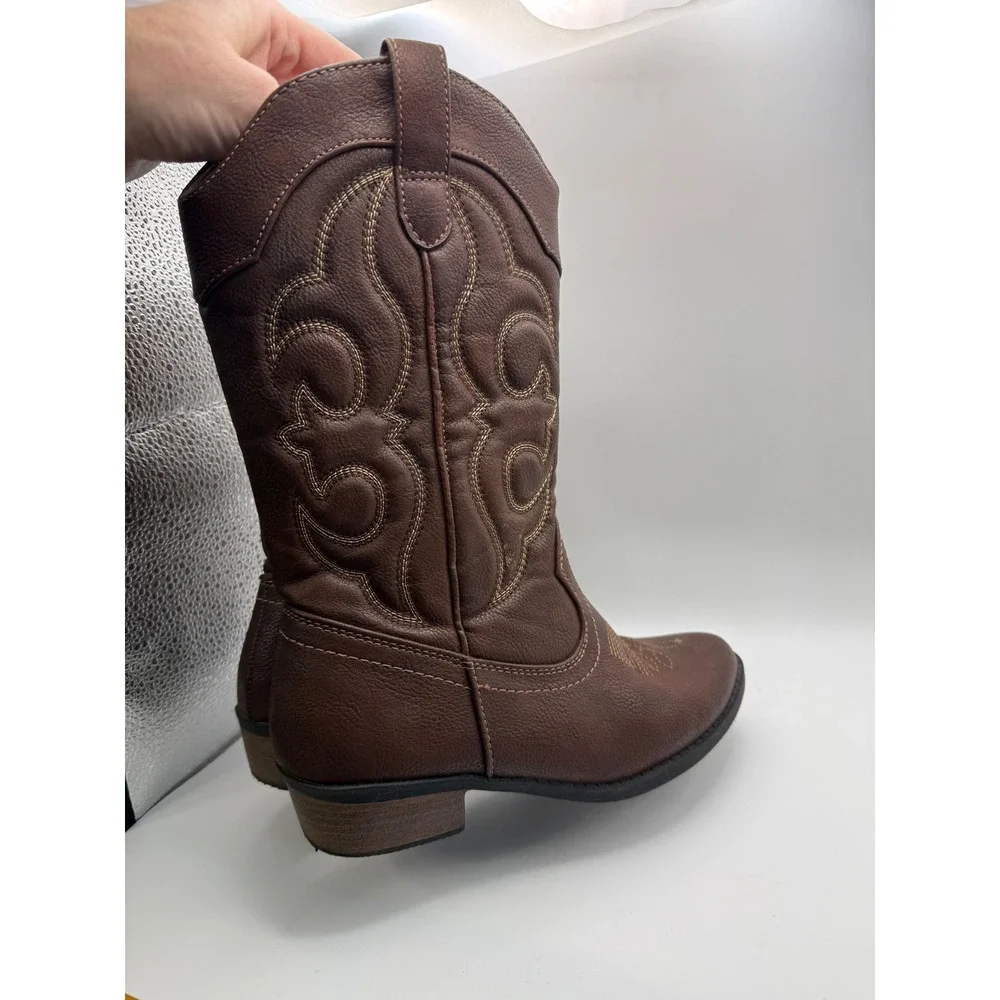 Cat & Jack Western Cowboy Boots Kids Size‎ 3 Brown Faux Leather Side Zip Stitch